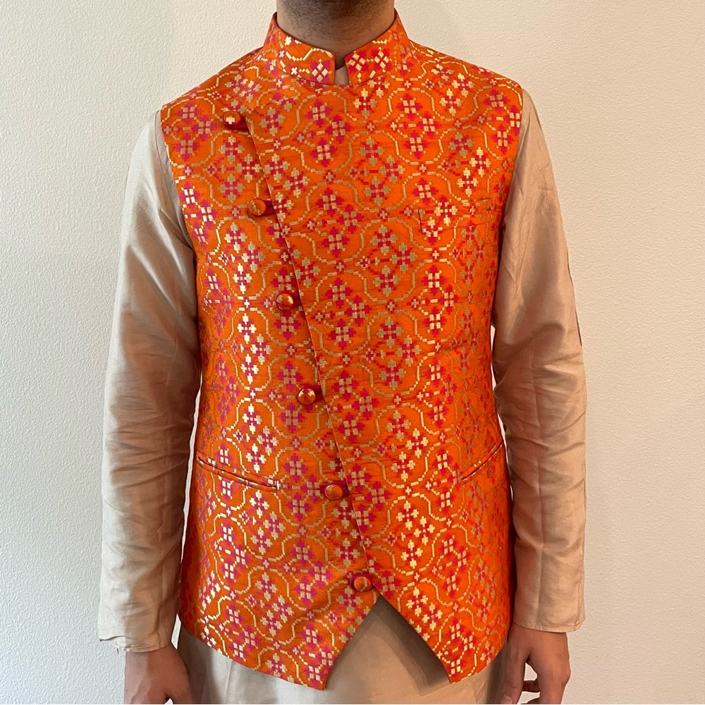 Men’s Orange Waistcoat Nehru Jacket (with pink pocket square)